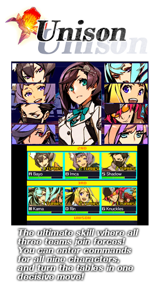Unison - The ultimate skill where all three teams join forces! You can enter commands for all nine characters, and turn the tables in one decisive move!