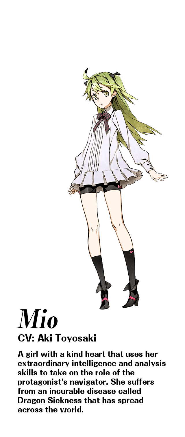 Mio (CV: Aki Toysaki): A girl with a kind heart that uses her extraordinary intelligence and analysis skills to take on the role of the protagonist’s navigator. She suffers from an incurable disease called Dragon Sickness that has spread across the world.
