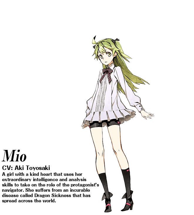 Mio (CV: Aki Toysaki): A girl with a kind heart that uses her extraordinary intelligence and analysis skills to take on the role of the protagonist’s navigator. She suffers from an incurable disease called Dragon Sickness that has spread across the world.
